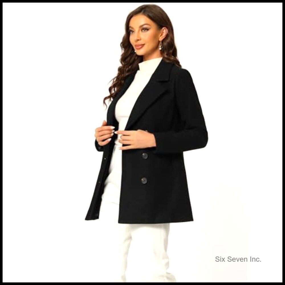 Polyester Blend Pea Coat Double Breasted Notch Lapel Mid Thigh - Picture 4 of 7